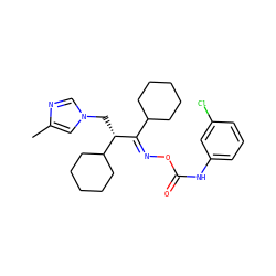 Cc1cn(C[C@H](/C(=N/OC(=O)Nc2cccc(Cl)c2)C2CCCCC2)C2CCCCC2)cn1 ZINC000058506825