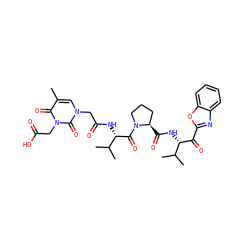 Cc1cn(CC(=O)N[C@H](C(=O)N2CCC[C@H]2C(=O)N[C@H](C(=O)c2nc3ccccc3o2)C(C)C)C(C)C)c(=O)n(CC(=O)O)c1=O ZINC000049757279