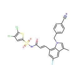 Cc1cn(Cc2ccc(C#N)cc2)c2c(/C=C/C(=O)NS(=O)(=O)c3cc(Cl)c(Cl)s3)cc(F)cc12 ZINC000049723213