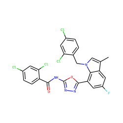 Cc1cn(Cc2ccc(Cl)cc2Cl)c2c(-c3nnc(NC(=O)c4ccc(Cl)cc4Cl)o3)cc(F)cc12 ZINC000049785633