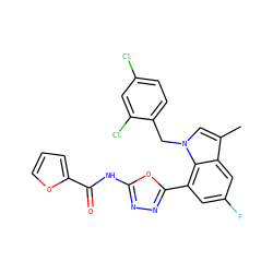 Cc1cn(Cc2ccc(Cl)cc2Cl)c2c(-c3nnc(NC(=O)c4ccco4)o3)cc(F)cc12 ZINC000049116110