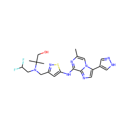 Cc1cn2c(-c3cn[nH]c3)cnc2c(Nc2cc(CN(CC(F)F)C(C)(C)CO)ns2)n1 ZINC000066100055