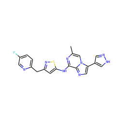 Cc1cn2c(-c3cn[nH]c3)cnc2c(Nc2cc(Cc3ccc(F)cn3)ns2)n1 ZINC000144488698