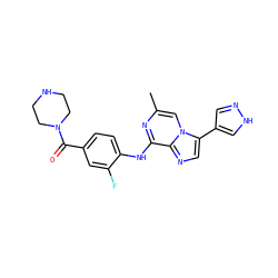 Cc1cn2c(-c3cn[nH]c3)cnc2c(Nc2ccc(C(=O)N3CCNCC3)cc2F)n1 ZINC000072123288