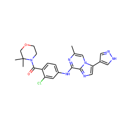 Cc1cn2c(-c3cn[nH]c3)cnc2c(Nc2ccc(C(=O)N3CCOCC3(C)C)c(Cl)c2)n1 ZINC000072124313