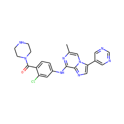 Cc1cn2c(-c3cncnc3)cnc2c(Nc2ccc(C(=O)N3CCNCC3)c(Cl)c2)n1 ZINC000072123545