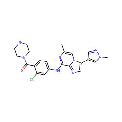 Cc1cn2c(-c3cnn(C)c3)cnc2c(Nc2ccc(C(=O)N3CCNCC3)c(Cl)c2)n1 ZINC000072125822