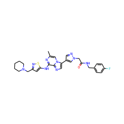 Cc1cn2c(-c3cnn(CC(=O)NCc4ccc(F)cc4)c3)cnc2c(Nc2cc(CN3CCCCC3)ns2)n1 ZINC000084596678