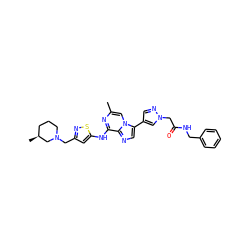 Cc1cn2c(-c3cnn(CC(=O)NCc4ccccc4)c3)cnc2c(Nc2cc(CN3CCC[C@H](C)C3)ns2)n1 ZINC000084635987
