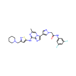 Cc1cn2c(-c3cnn(CC(=O)Nc4cc(F)cc(F)c4)c3)cnc2c(Nc2cc(CN3CCCCC3)ns2)n1 ZINC000084632796