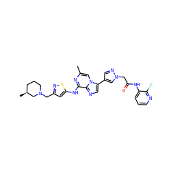 Cc1cn2c(-c3cnn(CC(=O)Nc4cccnc4F)c3)cnc2c(Nc2cc(CN3CCC[C@H](C)C3)ns2)n1 ZINC000084633503
