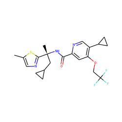Cc1cnc([C@@](C)(CC2CC2)NC(=O)c2cc(OCC(F)(F)F)c(C3CC3)cn2)s1 ZINC000146500013
