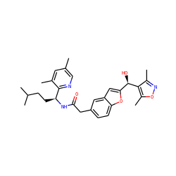 Cc1cnc([C@H](CCC(C)C)NC(=O)Cc2ccc3oc([C@@H](O)c4c(C)noc4C)cc3c2)c(C)c1 ZINC000150279079