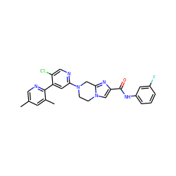 Cc1cnc(-c2cc(N3CCn4cc(C(=O)Nc5cccc(F)c5)nc4C3)ncc2Cl)c(C)c1 ZINC000169342747