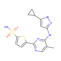 Cc1cnc(-c2ccc(S(N)(=O)=O)s2)nc1Nc1cc(C2CC2)[nH]n1 ZINC000115372315