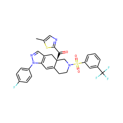 Cc1cnc(C(=O)[C@]23Cc4cnn(-c5ccc(F)cc5)c4C=C2CCN(S(=O)(=O)c2cccc(C(F)(F)F)c2)C3)s1 ZINC000141981185