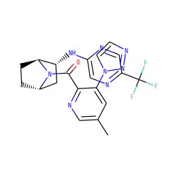 Cc1cnc(C(=O)N2[C@H]3CC[C@H]2[C@H](Nc2cnc(C(F)(F)F)cn2)C3)c(-n2ccnn2)c1 ZINC000221048922
