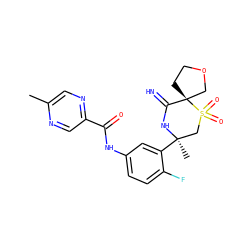 Cc1cnc(C(=O)Nc2ccc(F)c([C@]3(C)CS(=O)(=O)[C@]4(CCOC4)C(=N)N3)c2)cn1 ZINC000147258438