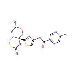 Cc1cnc(C(=O)Nc2csc([C@]34CO[C@@H](C)C[C@H]3CSC(=N)N4)n2)cn1 ZINC001772571378