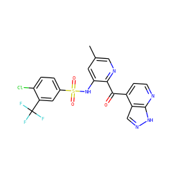 Cc1cnc(C(=O)c2ccnc3[nH]ncc23)c(NS(=O)(=O)c2ccc(Cl)c(C(F)(F)F)c2)c1 ZINC000113245515