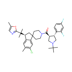 Cc1cnc(C(C)(C)[C@H]2CC3(CCN(C(=O)[C@@H]4CN(C(C)(C)C)C[C@H]4c4ccc(F)cc4F)CC3)c3cc(Cl)c(C)cc32)o1 ZINC000064513598