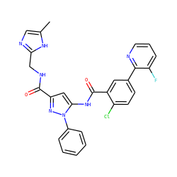Cc1cnc(CNC(=O)c2cc(NC(=O)c3cc(-c4ncccc4F)ccc3Cl)n(-c3ccccc3)n2)[nH]1 ZINC001772653427
