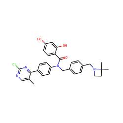 Cc1cnc(Cl)nc1-c1ccc(N(Cc2ccc(CN3CCC3(C)C)cc2)C(=O)c2ccc(O)cc2O)cc1 ZINC000653762369