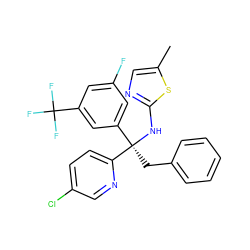 Cc1cnc(N[C@](Cc2ccccc2)(c2cc(F)cc(C(F)(F)F)c2)c2ccc(Cl)cn2)s1 ZINC000103264078