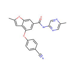 Cc1cnc(NC(=O)c2cc(Oc3ccc(C#N)cc3)c3cc(C)oc3c2)cn1 ZINC000169329198