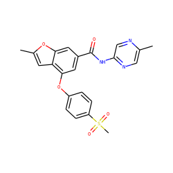 Cc1cnc(NC(=O)c2cc(Oc3ccc(S(C)(=O)=O)cc3)c3cc(C)oc3c2)cn1 ZINC000169329197