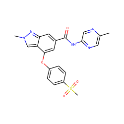 Cc1cnc(NC(=O)c2cc(Oc3ccc(S(C)(=O)=O)cc3)c3cn(C)nc3c2)cn1 ZINC000095559593
