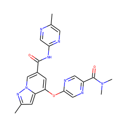 Cc1cnc(NC(=O)c2cc(Oc3cnc(C(=O)N(C)C)cn3)c3cc(C)nn3c2)cn1 ZINC000095563075
