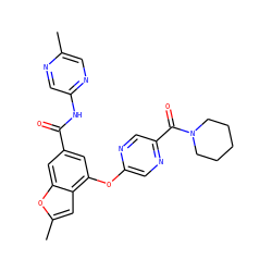 Cc1cnc(NC(=O)c2cc(Oc3cnc(C(=O)N4CCCCC4)cn3)c3cc(C)oc3c2)cn1 ZINC000169329208