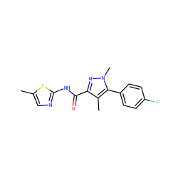 Cc1cnc(NC(=O)c2nn(C)c(-c3ccc(F)cc3)c2C)s1 ZINC000095604214