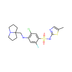 Cc1cnc(NS(=O)(=O)c2cc(Cl)c(NCC34CCCN3CCC4)cc2F)s1 ZINC001772656717