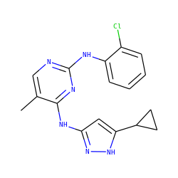 Cc1cnc(Nc2ccccc2Cl)nc1Nc1cc(C2CC2)[nH]n1 ZINC000203004900
