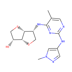 Cc1cnc(Nc2cnn(C)c2)nc1N[C@@H]1CO[C@@H]2[C@H](O)CO[C@H]12 ZINC001772654274