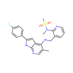 Cc1cnc2[nH]c(-c3ccc(F)cc3)cc2c1NCc1cccnc1N(C)S(C)(=O)=O ZINC000095595312