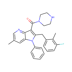 Cc1cnc2c(C(=O)N3CCNCC3)c(Cc3cccc(F)c3C)n(-c3ccccc3)c2c1 ZINC000072181790