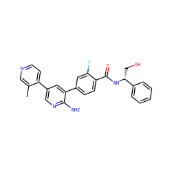 Cc1cnccc1-c1cnc(N)c(-c2ccc(C(=O)N[C@H](CO)c3ccccc3)c(F)c2)c1 ZINC001772619792