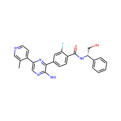 Cc1cnccc1-c1cnc(N)c(-c2ccc(C(=O)N[C@H](CO)c3ccccc3)c(F)c2)n1 ZINC001772637726