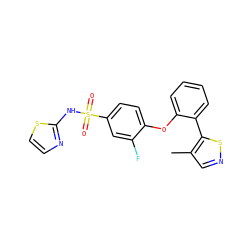 Cc1cnsc1-c1ccccc1Oc1ccc(S(=O)(=O)Nc2nccs2)cc1F ZINC000095585112