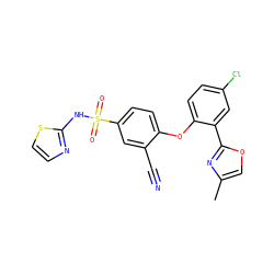 Cc1coc(-c2cc(Cl)ccc2Oc2ccc(S(=O)(=O)Nc3nccs3)cc2C#N)n1 ZINC000095581055