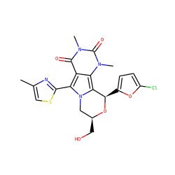 Cc1csc(-c2c3c(=O)n(C)c(=O)n(C)c3c3n2C[C@H](CO)O[C@@H]3c2ccc(Cl)o2)n1 ZINC000209537842