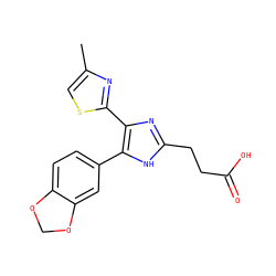 Cc1csc(-c2nc(CCC(=O)O)[nH]c2-c2ccc3c(c2)OCO3)n1 ZINC000073311900