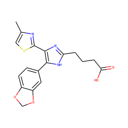 Cc1csc(-c2nc(CCCC(=O)O)[nH]c2-c2ccc3c(c2)OCO3)n1 ZINC000073311902