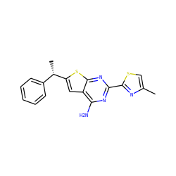 Cc1csc(-c2nc(N)c3cc([C@@H](C)c4ccccc4)sc3n2)n1 ZINC000096908909