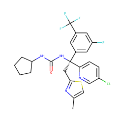 Cc1csc(C[C@](NC(=O)NC2CCCC2)(c2cc(F)cc(C(F)(F)F)c2)c2ccc(Cl)cn2)n1 ZINC000095555086