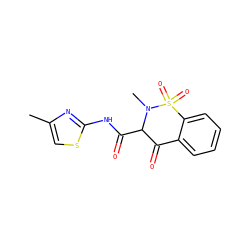 Cc1csc(NC(=O)C2C(=O)c3ccccc3S(=O)(=O)N2C)n1 ZINC000028096582