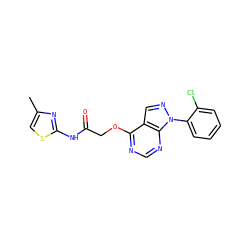 Cc1csc(NC(=O)COc2ncnc3c2cnn3-c2ccccc2Cl)n1 ZINC000095562230